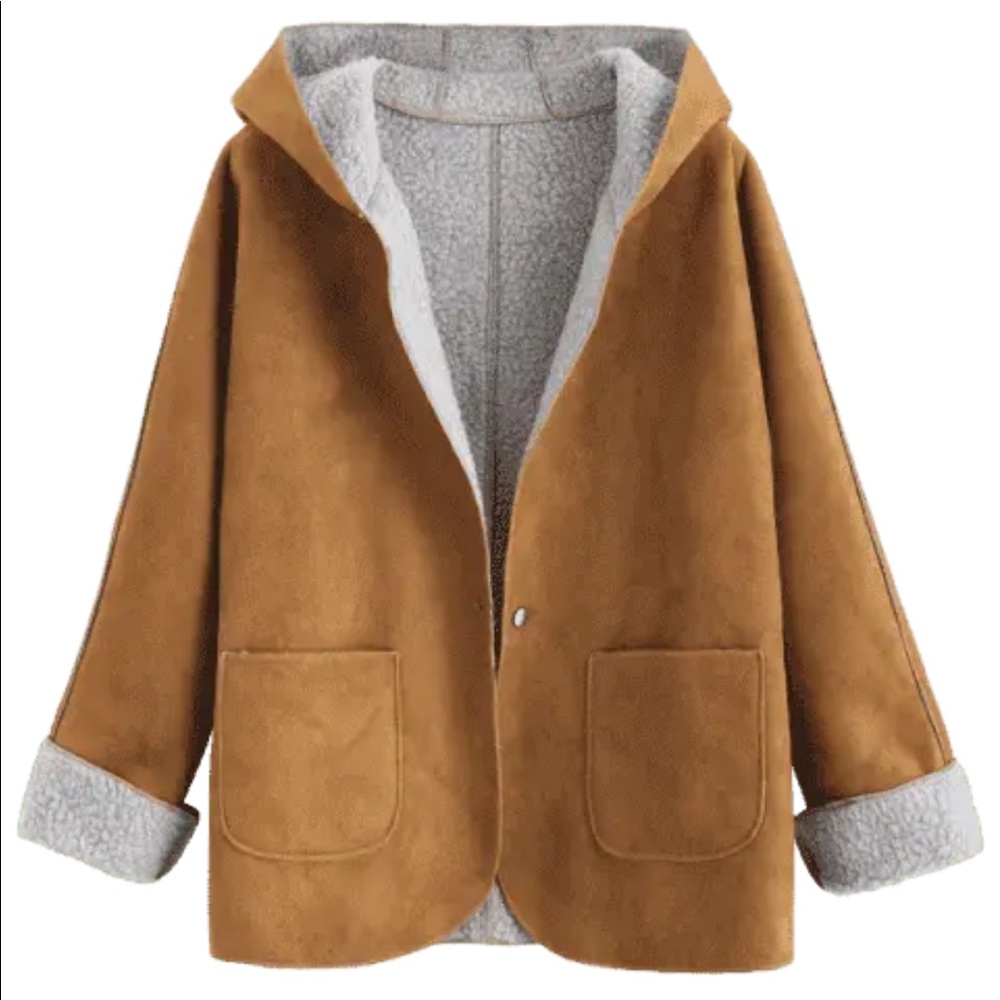 Shearling - Cuffed Sleeves Hooded Coat - Picture 4 of 10